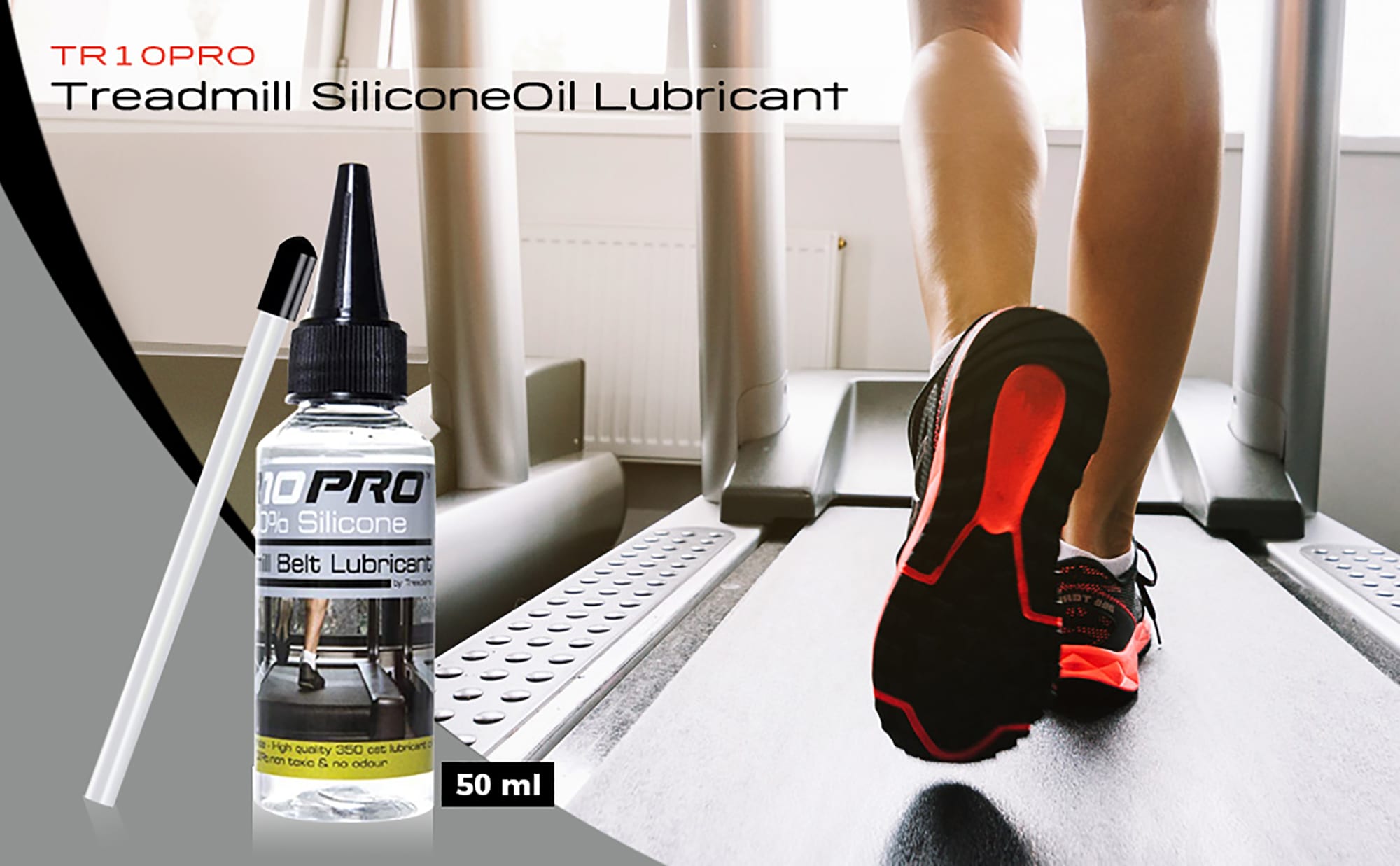 100% Silicone Treadmill Oil - TR10 Pro 50ml - showing a smooth running treadmill in use